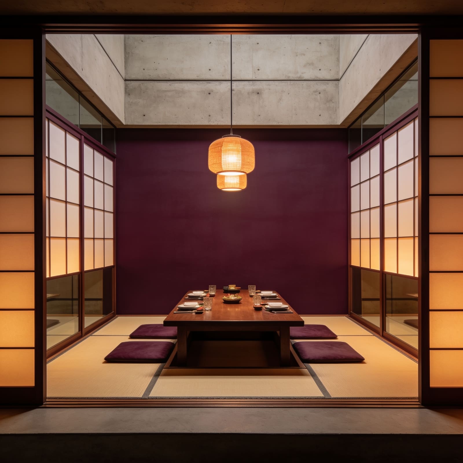Sala tatami privata al primo piano di Tokoman, allestita per una cena di gruppo